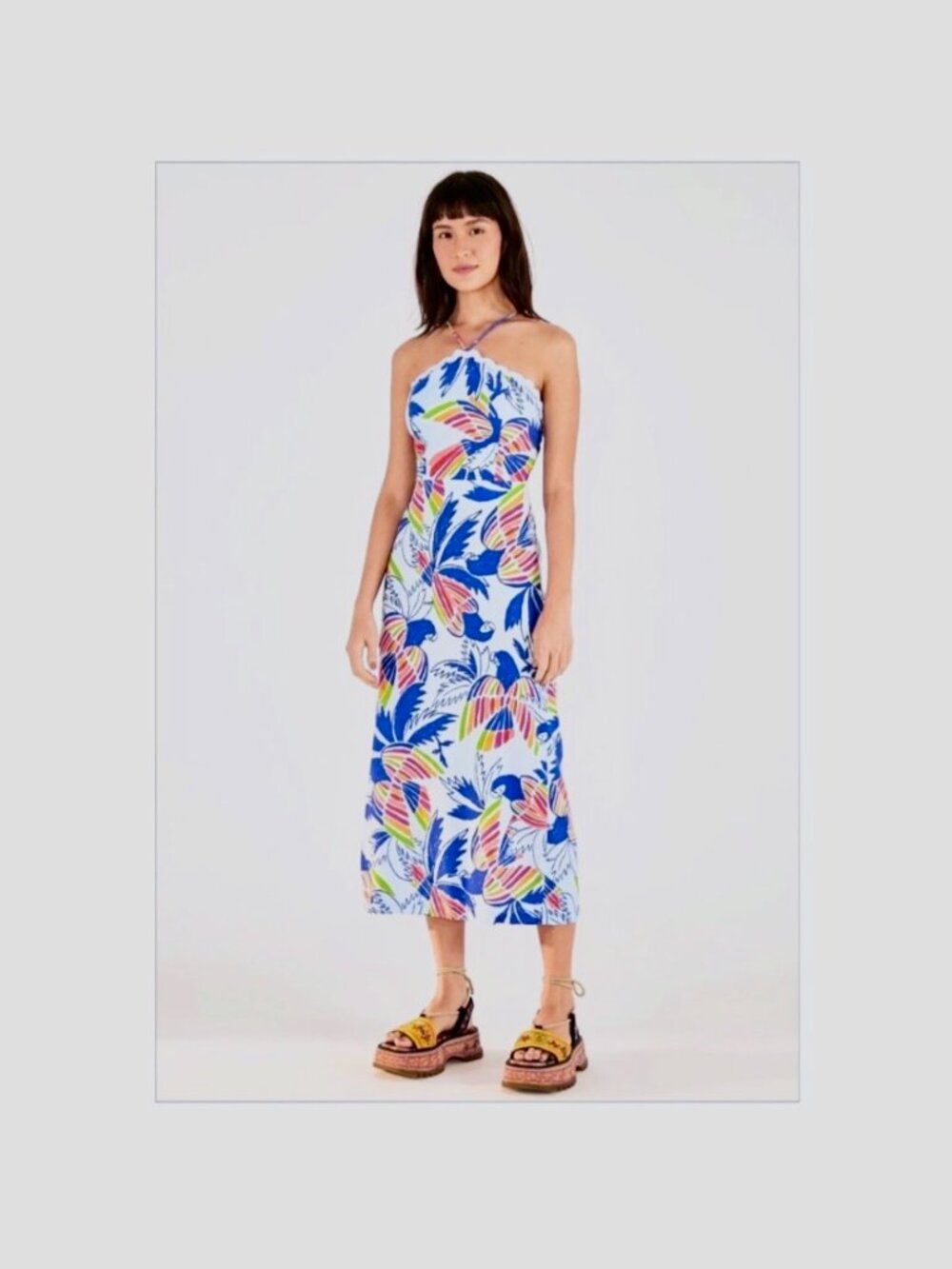 NWT FARM Rio Halter Top Blue Color Birds Midi Dress Large